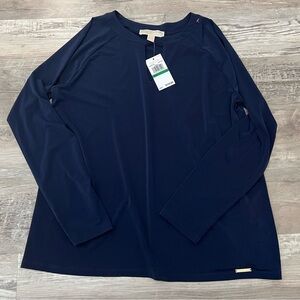 NWT - Michael Kors Navy Blue Keyhole Front Long Sleeve Top  Size Large